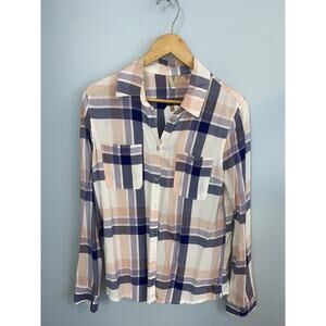Roxy Pink Blue White Plaid Button Up Long Sleeve Shirt Size Small NWT